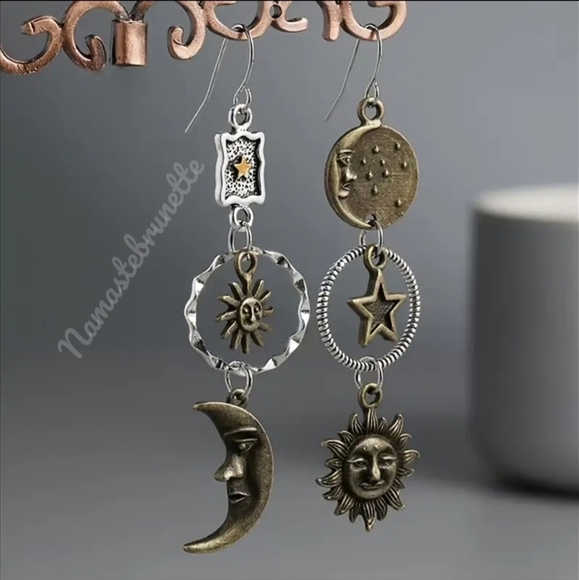 Metal Boho Celestial Sun Moon Star Dangle Earrings - Picture 1 of 17
